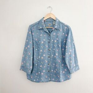 Vintage Pink Floral Denim Button Up